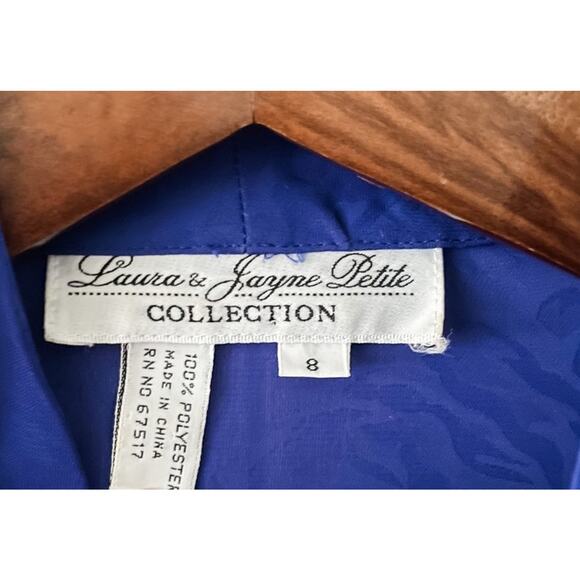 Laura & Jayne vintage 90s floral imprint secretary blouse royal blue size 8P MP - Picture 5 of 6